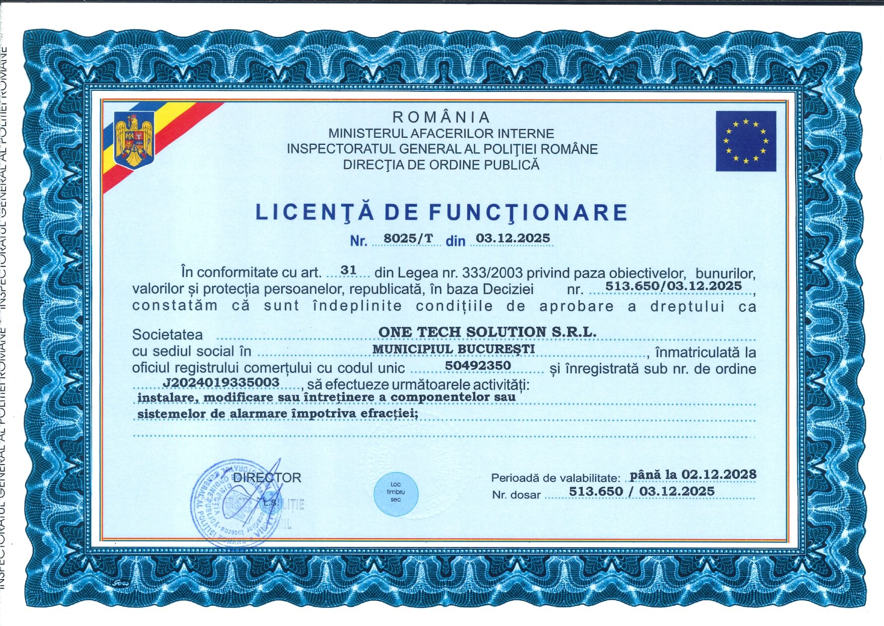 Licenta IGPR Nr. 8025T - One Tech Solution